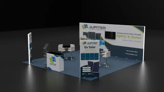 20×20 Peninsula Booth With Wide Back Wall and Freestanding Banner Towers