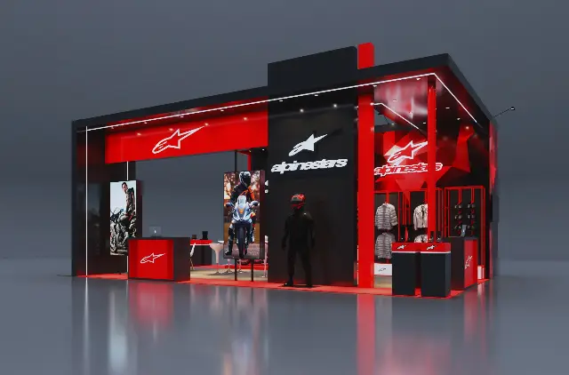 20×30 Corner Booth With Black Roof Frame and Red Apparel Display Racks