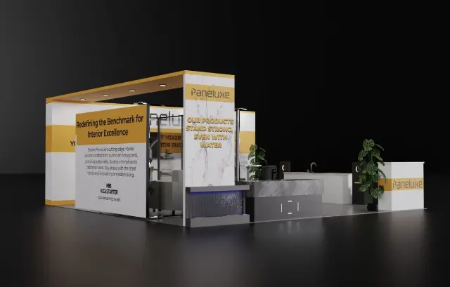 20×30 Corner Booth With Glass Meeting Room and Overhead Header Frame