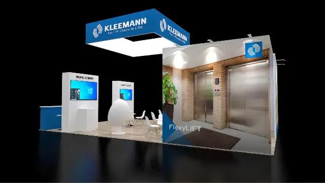 20×30 Corner Booth With Square Hanging Sign and Large Lift Lobby Wall