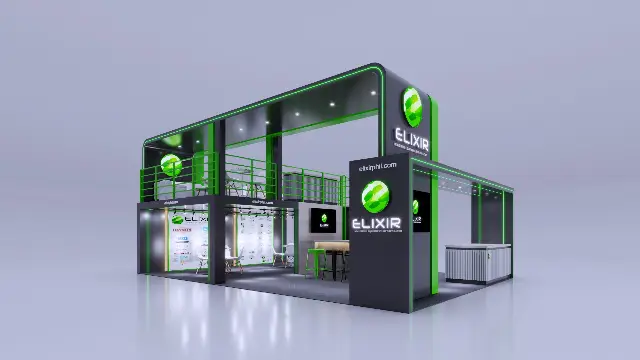 20×30 Corner Booth With Two-Story Mezzanine Lounge and Staircase