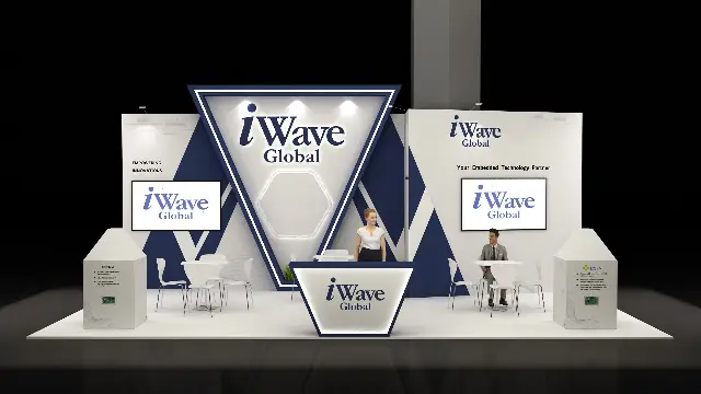 20×30 Corner Booth With V-Shaped Logo Backdrop and Backlit Counter
