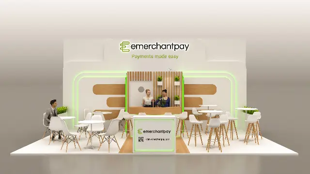 20×30 Inline Booth With Curved Wood Bar and Green Glow Back Wall