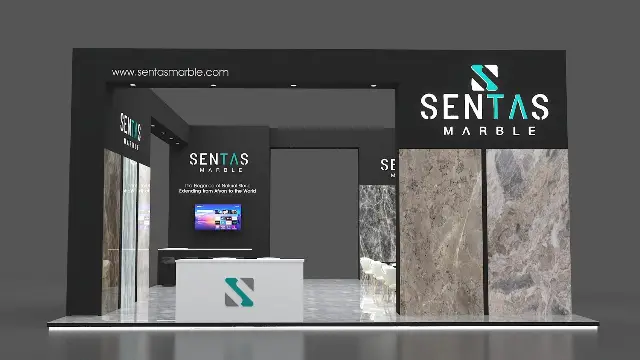 20×30 Island Booth With Marble Slab Displays and Overhead Header