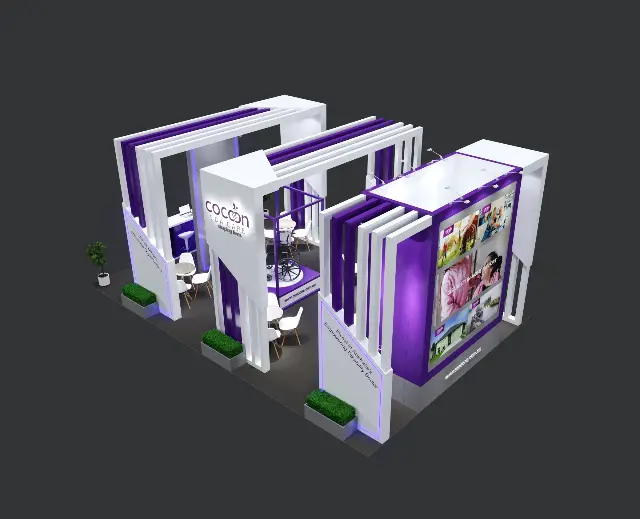 20×30 Island Booth With Display Podium and Tall Graphic Wall