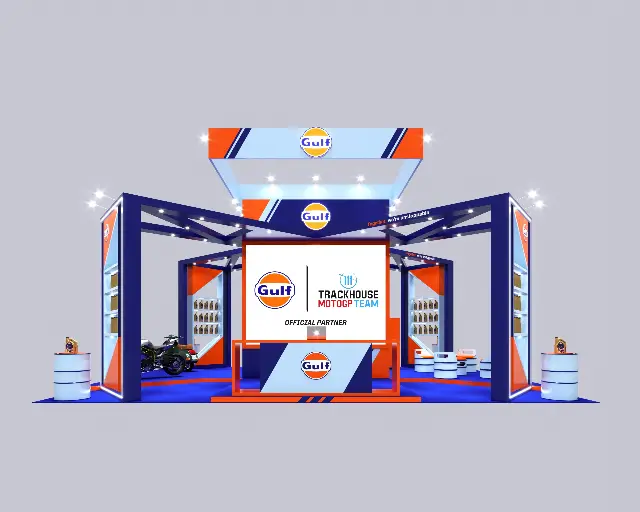 20×30 Island Booth With Four Shelf Towers and Overhead Hanging Sign