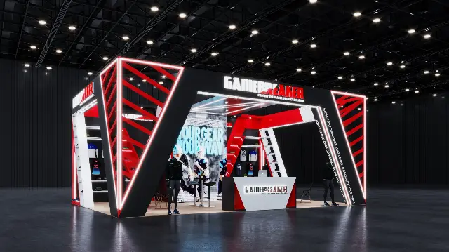 20×30 Island Booth With Four Truss Towers and Tall LED Wall