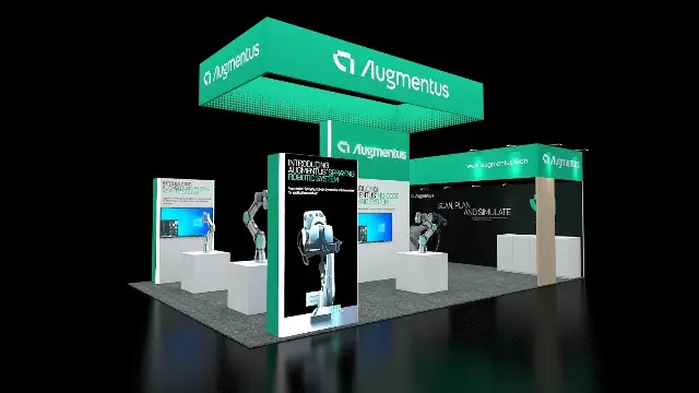20×30 Island Booth With Hanging Sign and Product Plinths