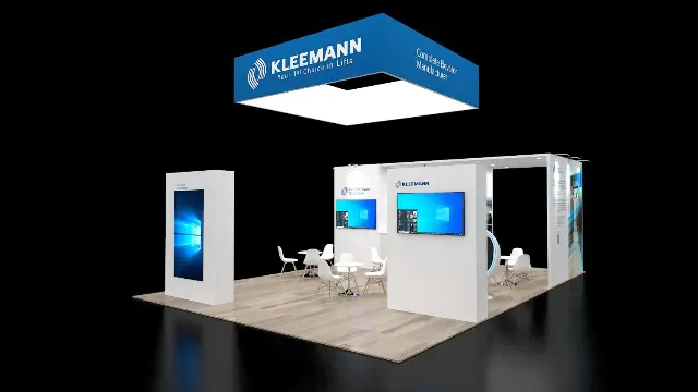 20×30 Island Booth With Hanging Sign and Touchscreen Kiosk