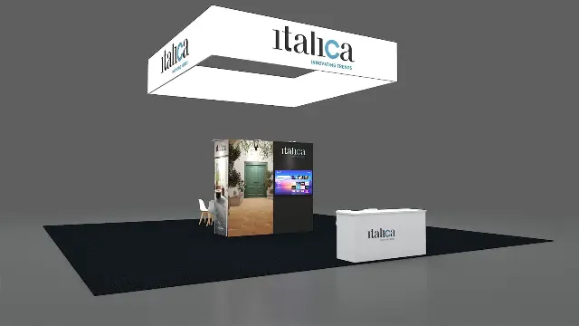 20×30 Island Booth With Large Square Hanging Sign and Graphic Cube