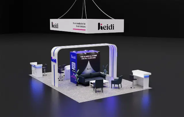 20×30 Island Booth With LED Arch and Square Hanging Sign