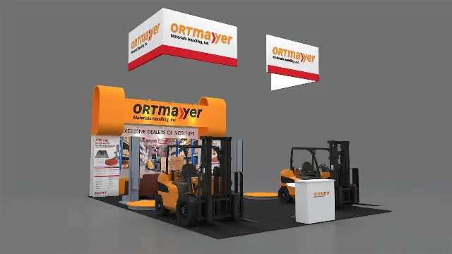 20×30 Island Booth With Orange Arch Header and Two Hanging Signs