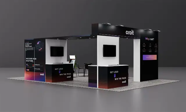 20×20 Island Booth With Overhead Header Canopy and Twin TV Counters