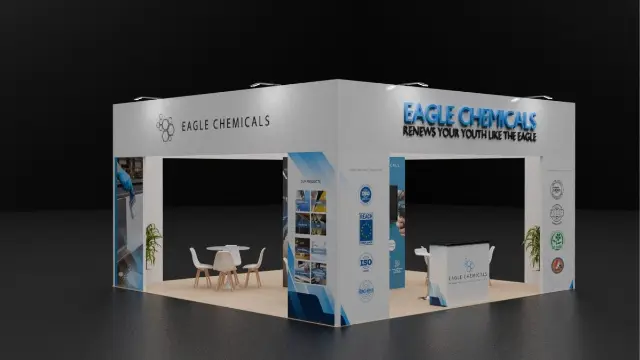 20×20 Island Booth With Overhead Header Frame and Certification Walls