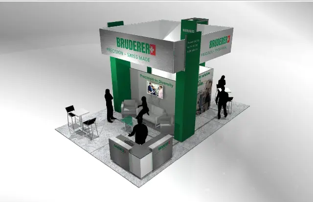 20×30 Island Booth With Overhead Header Frame and Corner Towers