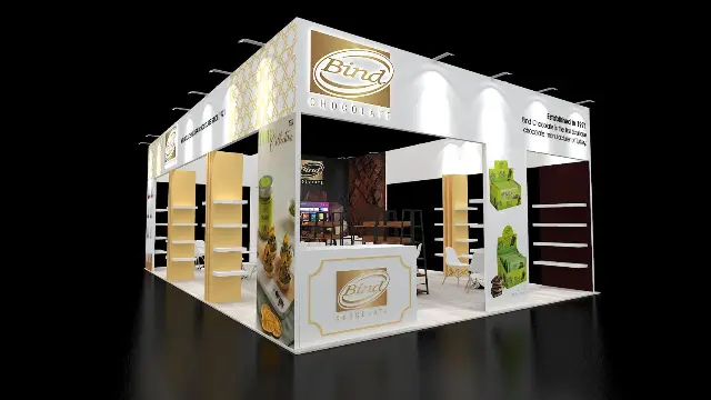 20×30 Island Booth With Product Shelving and Header Frame