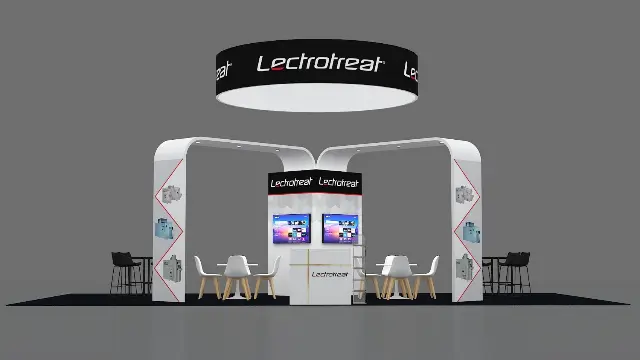20×30 Island Booth With Round Hanging Sign and Arches