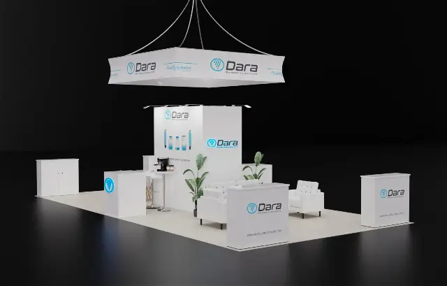 20×30 Island Booth With Square Hanging Sign and Central Tower Lounge