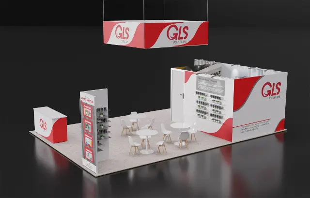 20×30 Island Booth With Square Hanging Sign and Enclosed Room