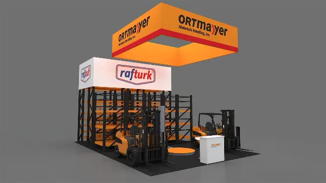 20×30 Island Booth With Square Hanging Sign and Equipment Display Floor