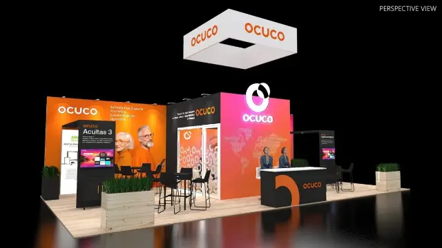 20×30 Island Booth With Square Hanging Sign and Meeting Room