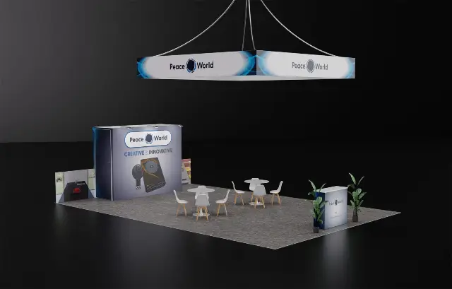 20×30 Island Booth With Square Hanging Sign and Storage Room