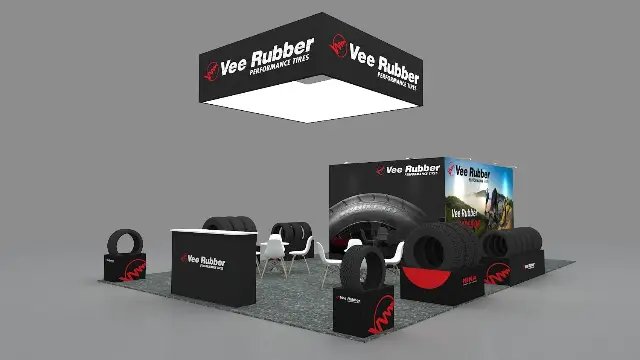20×30 Island Booth With Square Hanging Sign and Tire Displays