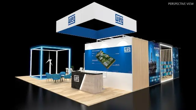 20×40 Island Booth With Square Hanging Sign and Wood-Slat Meeting Rooms