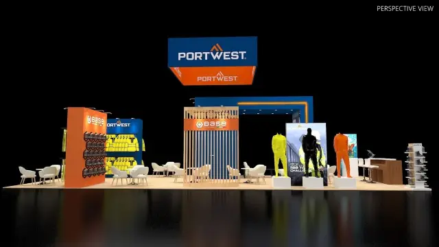 20×50 Island Booth With Square Hanging Sign and Wooden Slat Meeting Cubes