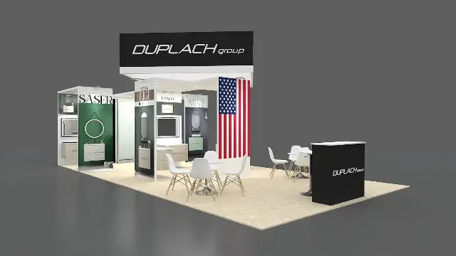 20×30 Peninsula Booth With Vanity Showroom Bays and Header Sign