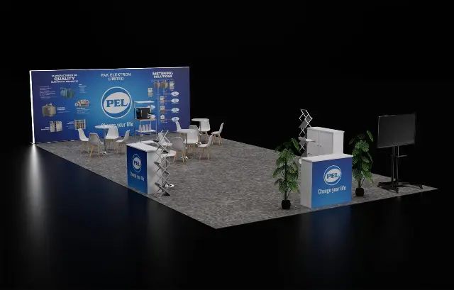 20×30 Peninsula Booth With Backlit Wall and Cafe Seating