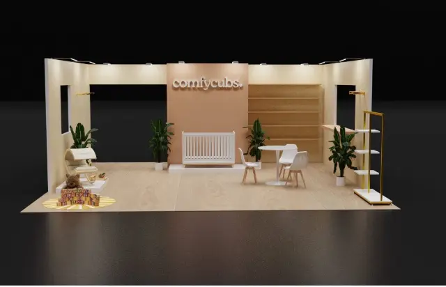 10×30 Inline Booth With Display Podiums and Shelf Wall
