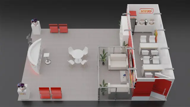 20×30 Peninsula Booth With Glass Lounge and Private Meeting Room