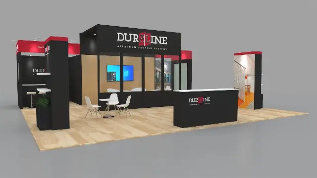20×30 Peninsula Booth With Glass Meeting Room and Wood Panel Walls