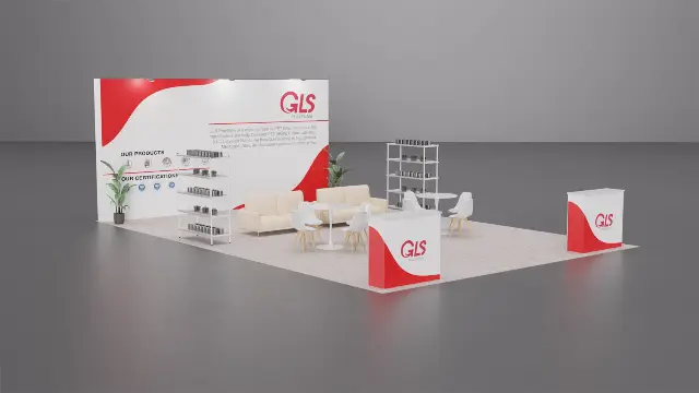 20×30 Peninsula Booth With Lounge Sofas and Open Product Shelving