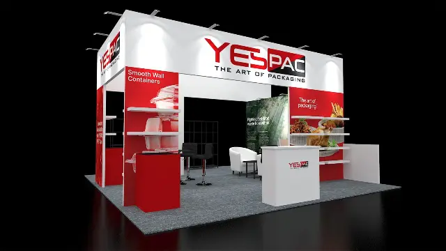20×30 Peninsula Booth With Overhead Logo Header and Product Shelving Walls
