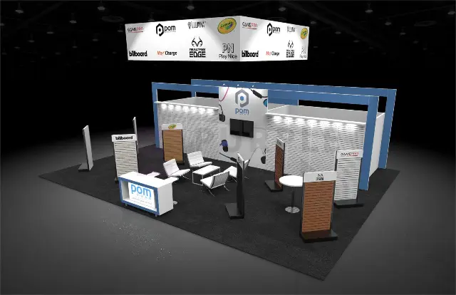 20×30 Peninsula Booth With Slatwall Display and Square Hanging Sign