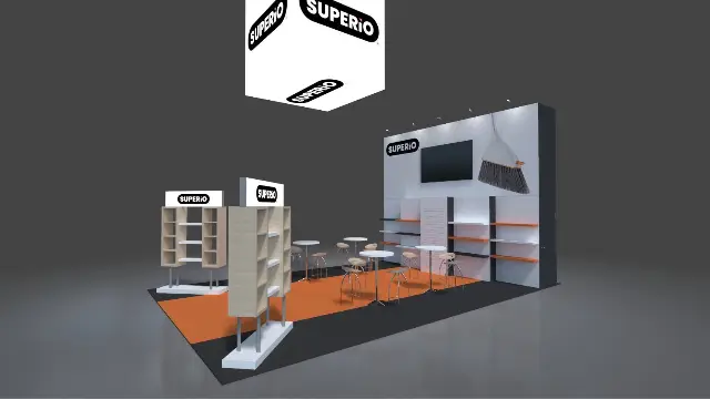 20×30 Peninsula Booth With Square Hanging Sign and Freestanding Shelf Displays