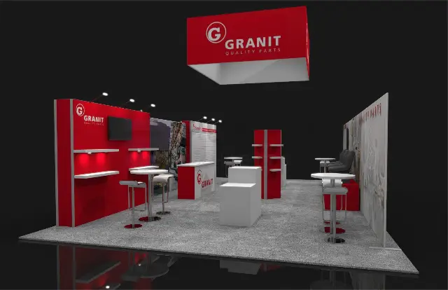 20×30 Peninsula Booth With Square Hanging Sign and Slatwall Display