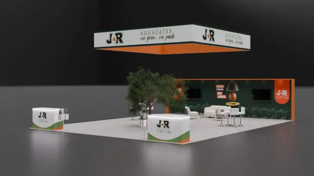 20×30 Peninsula Booth With Square Hanging Sign and Tree Lounge