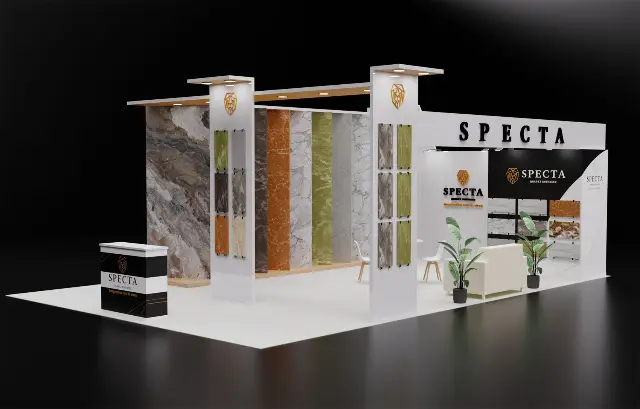 20×30 Peninsula Booth With Stone Slab Display Wall and Lit Sample Towers