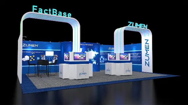 20×30 Peninsula Booth With Twin LED-Edge Arches and TV Demo Kiosks