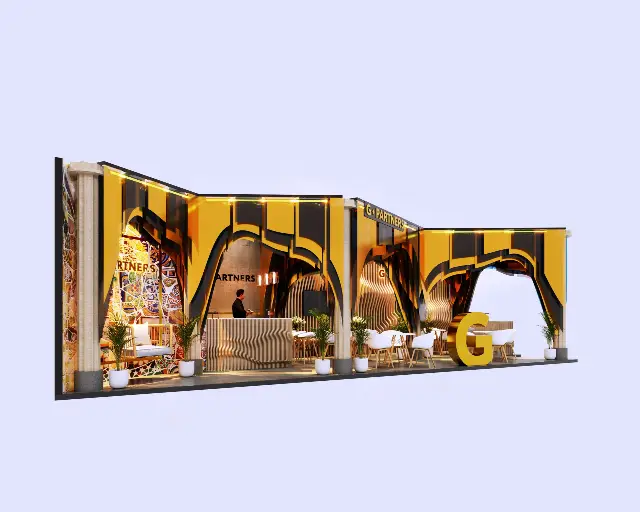 20×40 Corner Booth With Sculpted Wood Lounge and Mosaic Bar