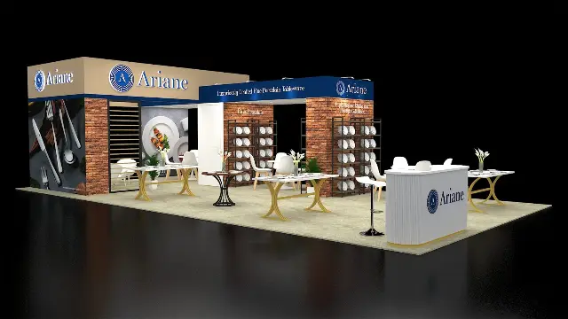 20×40 Island Booth With Brick-Look Room and Plate Display Shelving