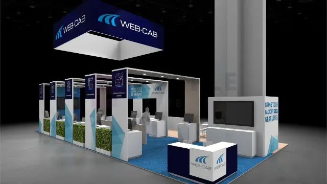 20×40 Island Booth With Demo Stations and Hanging Sign