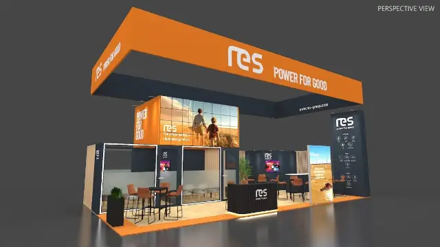 20×40 Island Booth With Giant Hanging Frame and Glass Meeting Rooms