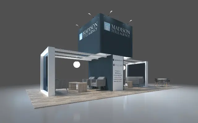 20×40 Island Booth With Pergola Frames and Tall Center Tower