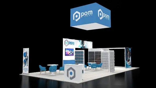 20×40 Island Booth With Product Walls and Hanging Sign