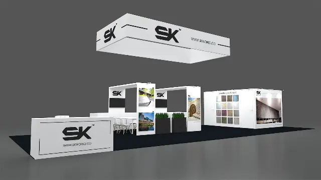 20×40 Island Booth With Rectangular Hanging Sign and Stone Sample Wall