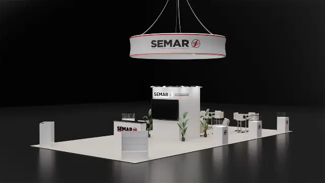 20×40 Island Booth With Round Hanging Sign and Central Storage Tower